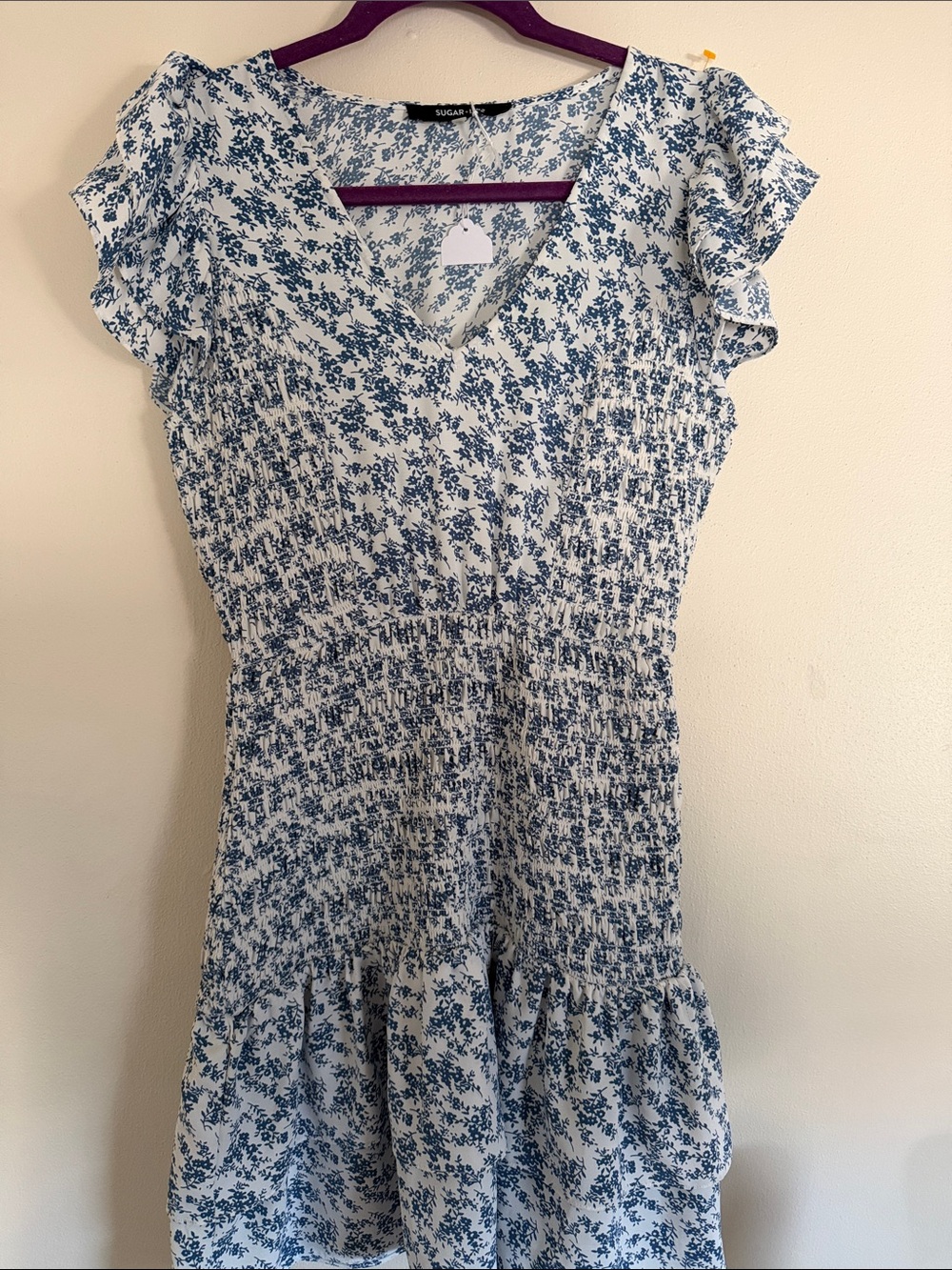 Sugar + Lips White & Blue Floral Smocked V-Neck Dress